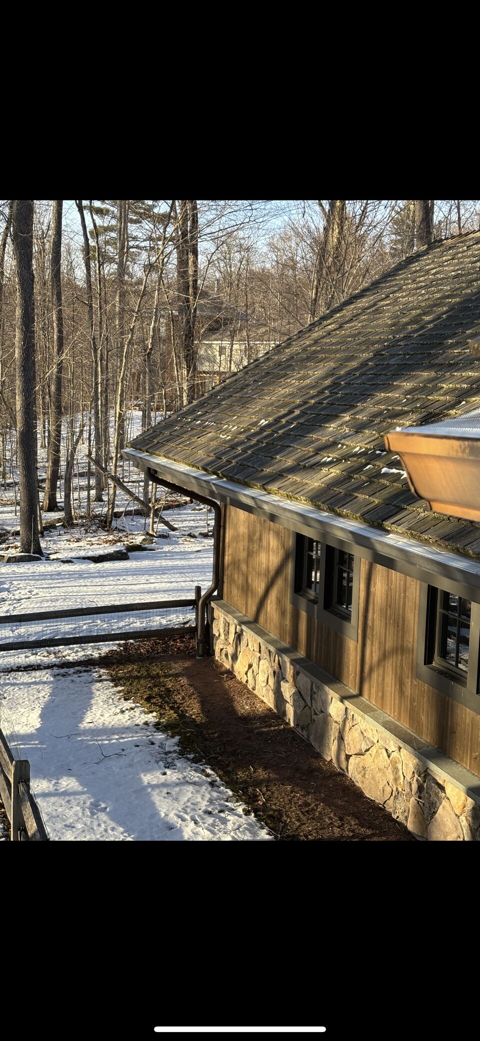 Moss and debris built up along a cabin roof edge and gutter