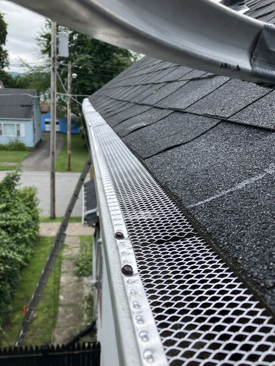 Mesh gutter guard fitted along the edge of a shingle roof